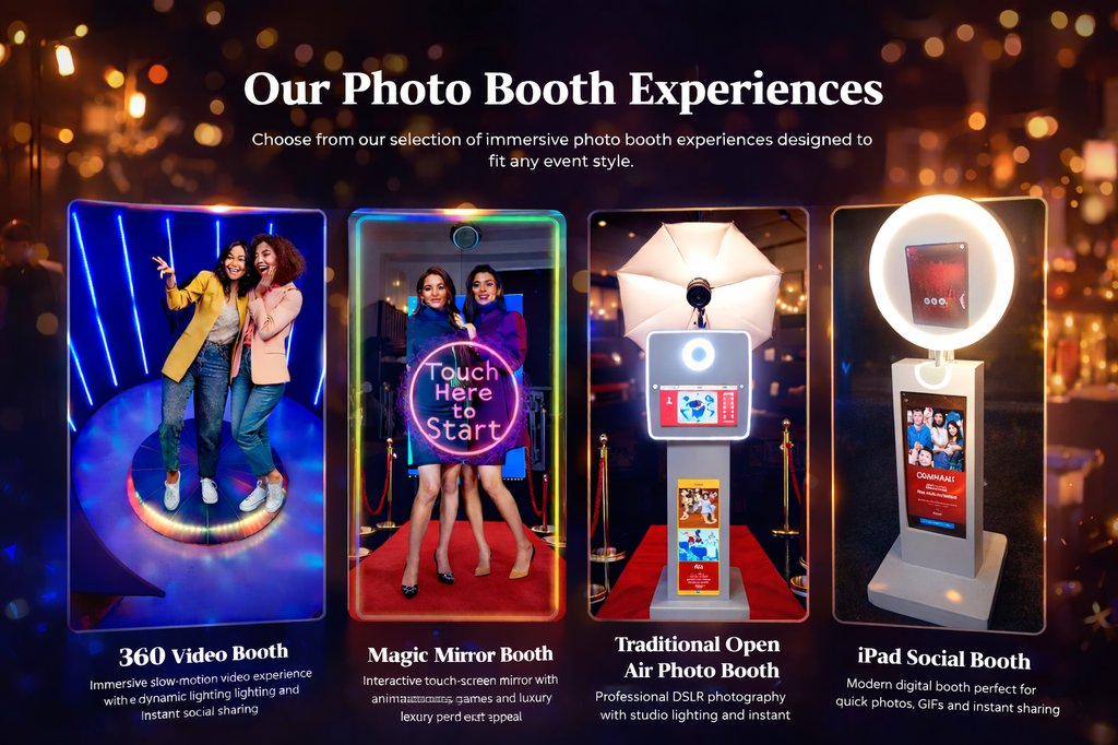 Paloma Photo Booth rental options including 360 video booth, magic mirror booth, traditional open air photo booth, and iPad social booth for weddings and events in Temecula California